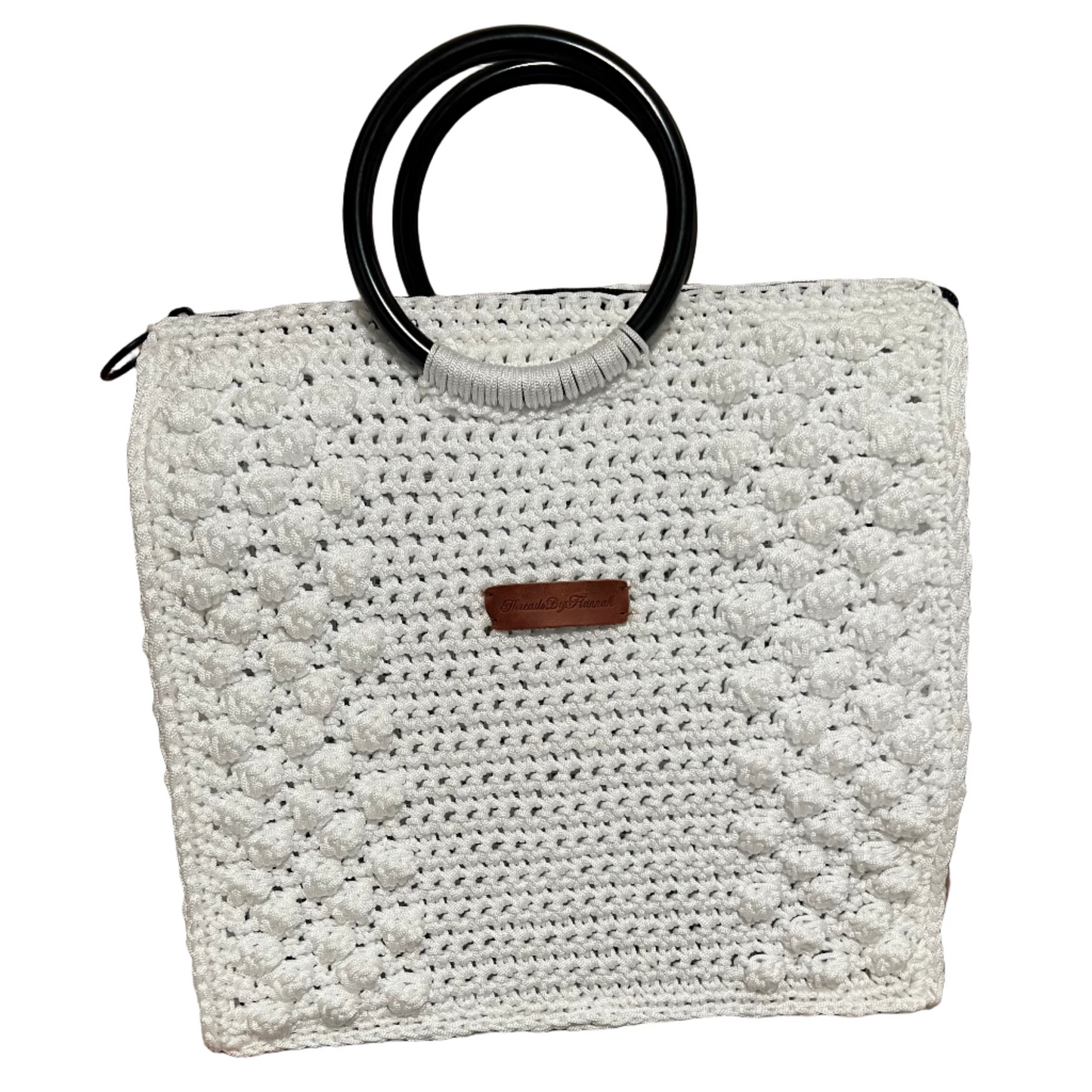 Stylish white boho satchel bag for women with unique round handles and textured design