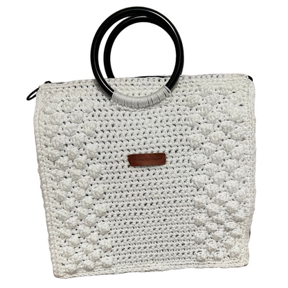 Stylish white boho satchel bag for women with unique round handles and textured design