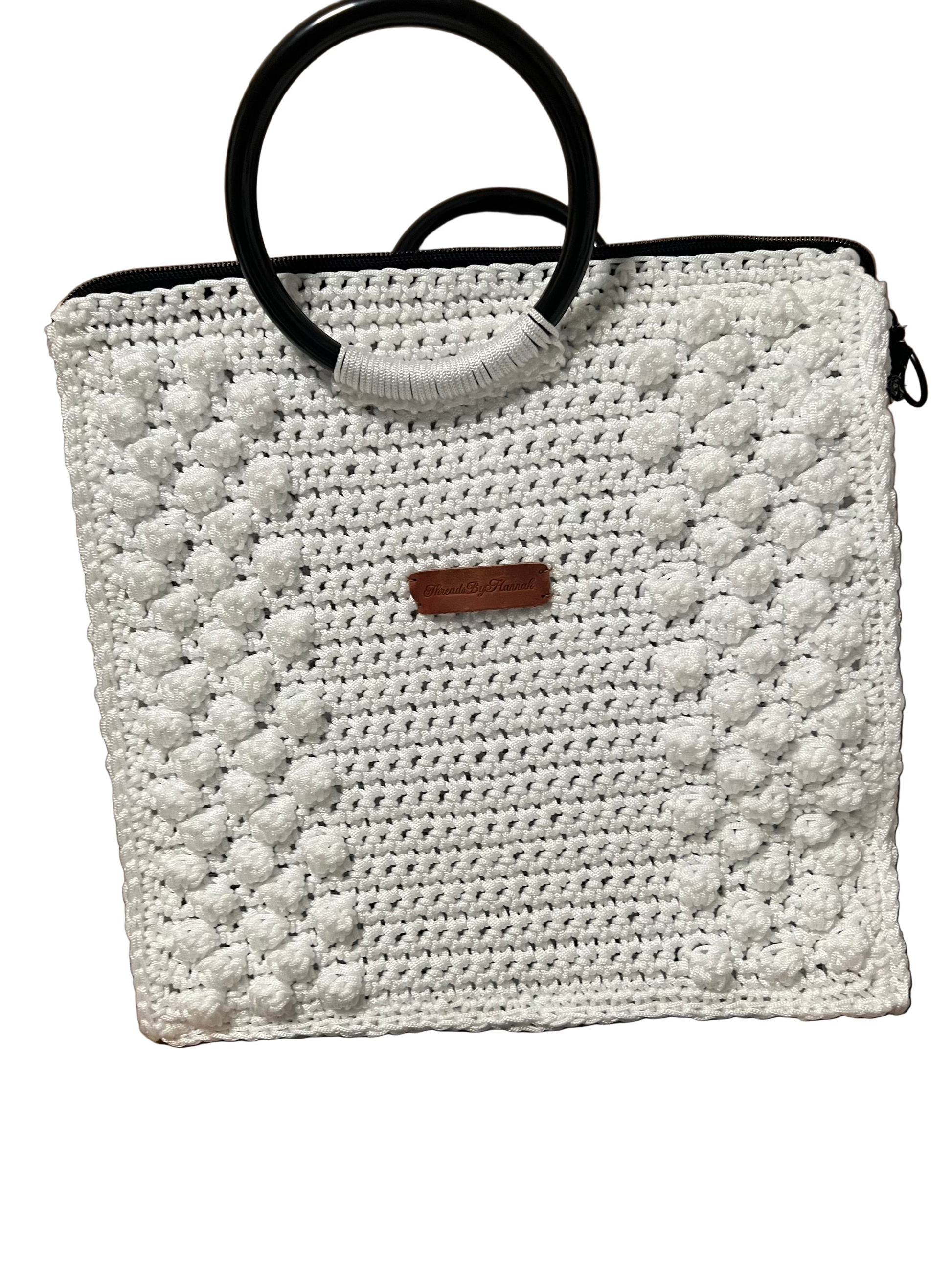 White boho satchel bag for women with textured design and round handles by ThreadsByHannah