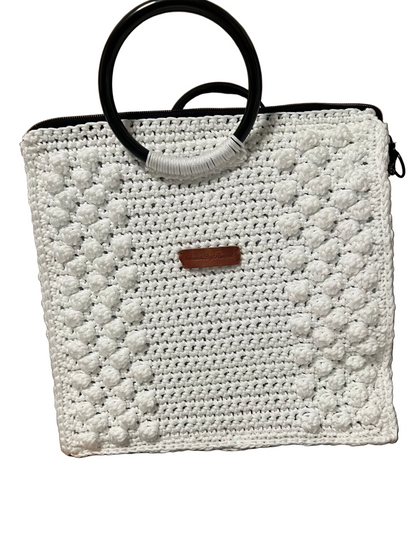 White boho satchel bag for women with textured design and round handles by ThreadsByHannah