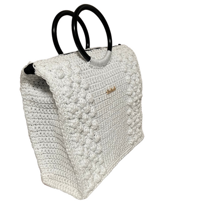 Stylish white boho satchel bag for women with chunky knit design and circular handles