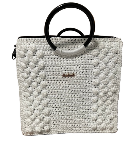 Stylish white boho satchel bag for women with unique textured design and sturdy handles