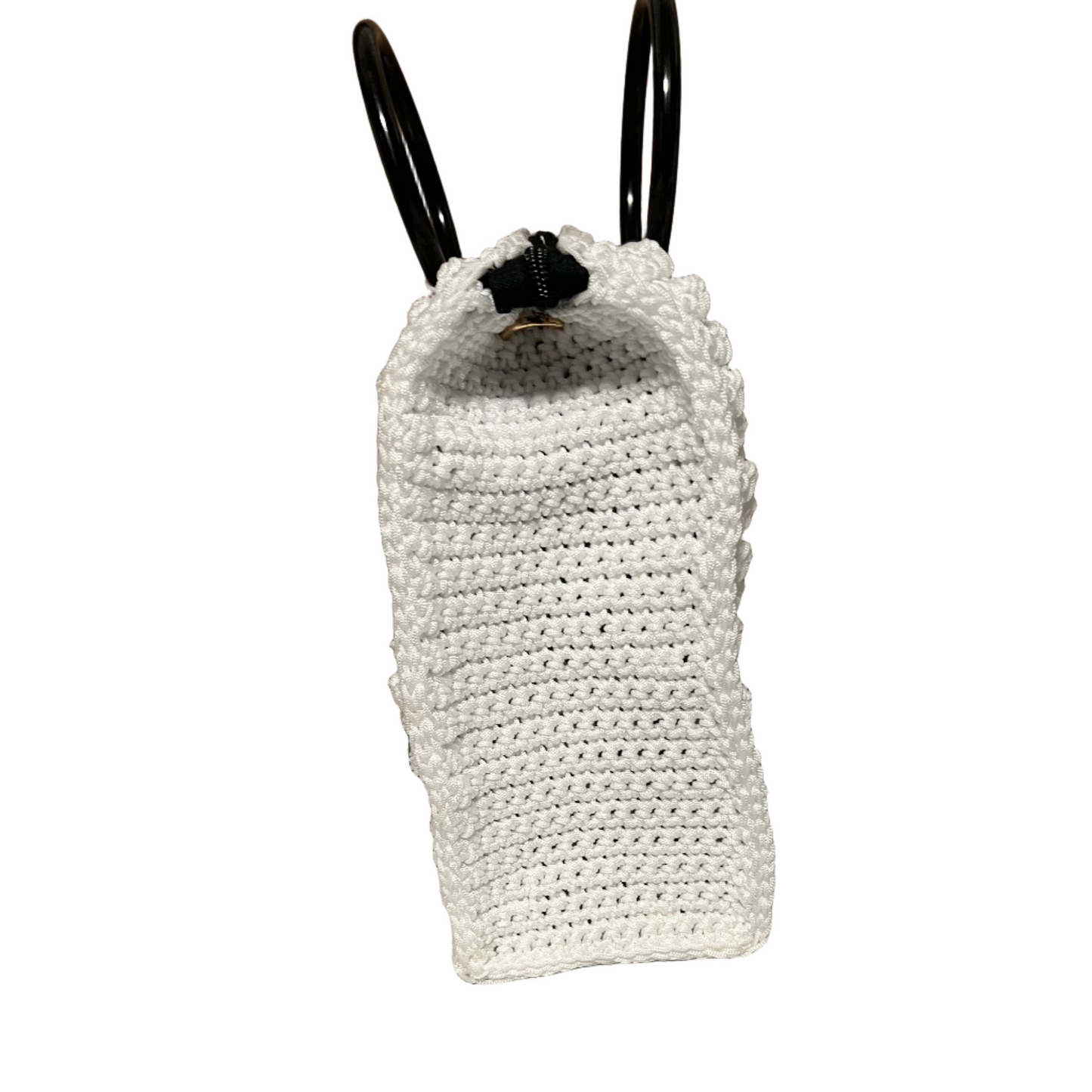 White boho satchel bag for women with unique crochet design and stylish black handles