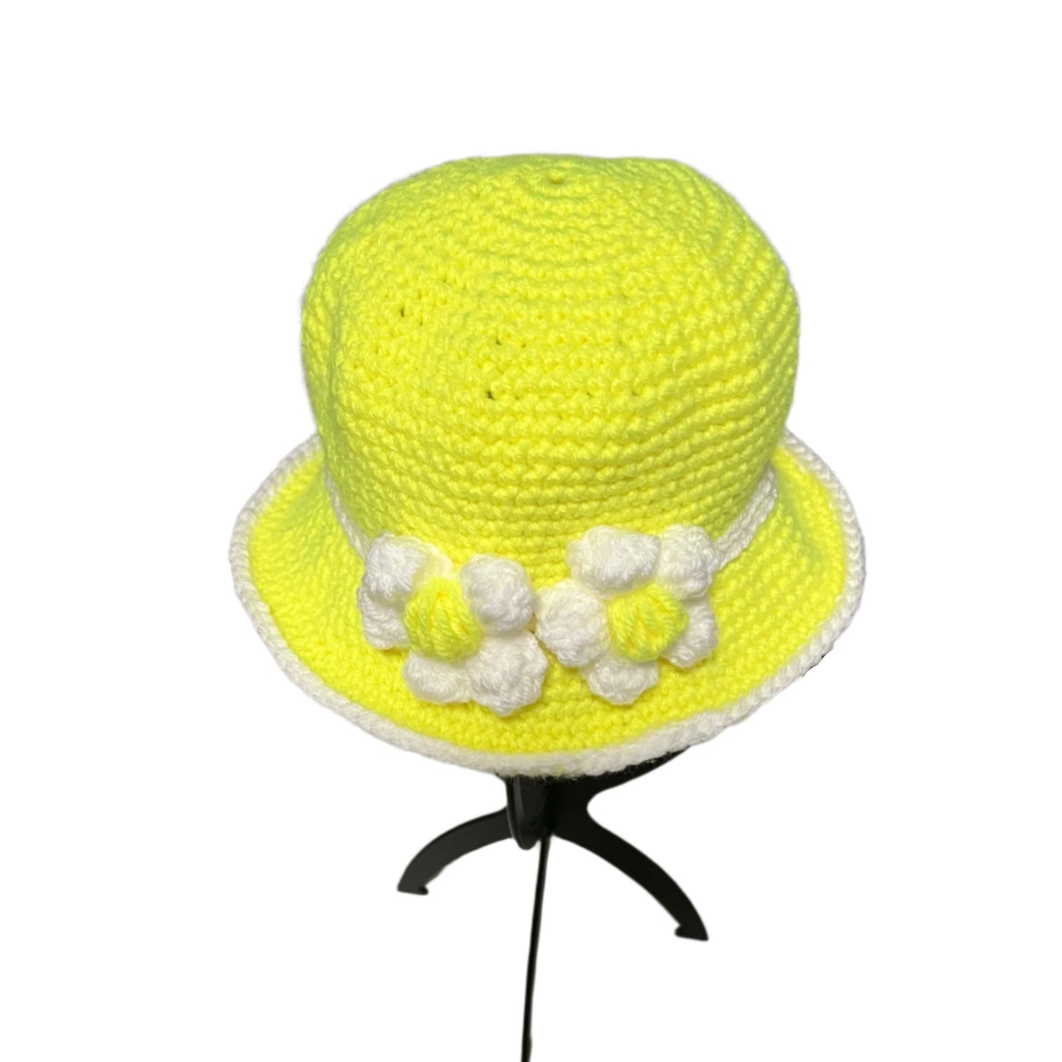 Yellow flower baby bucket hat crocheted with white and yellow flower accents by ThreadsByHannah