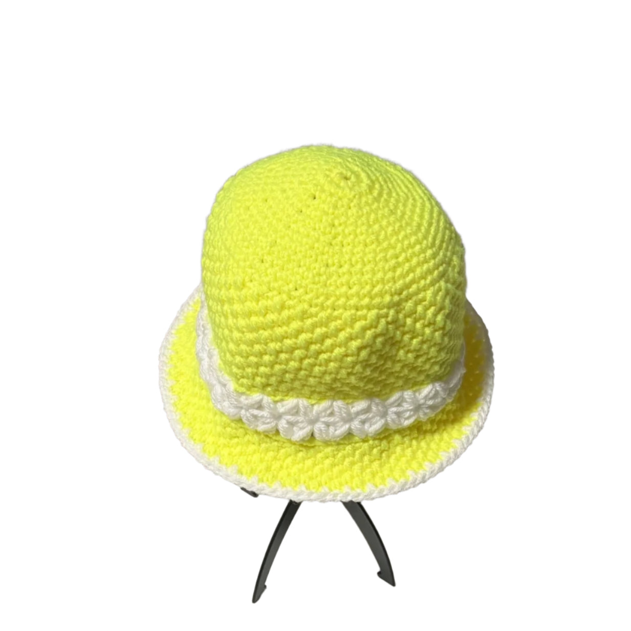 Yellow flower baby bucket hat handmade crochet style by ThreadsByHannah with white flower detailing