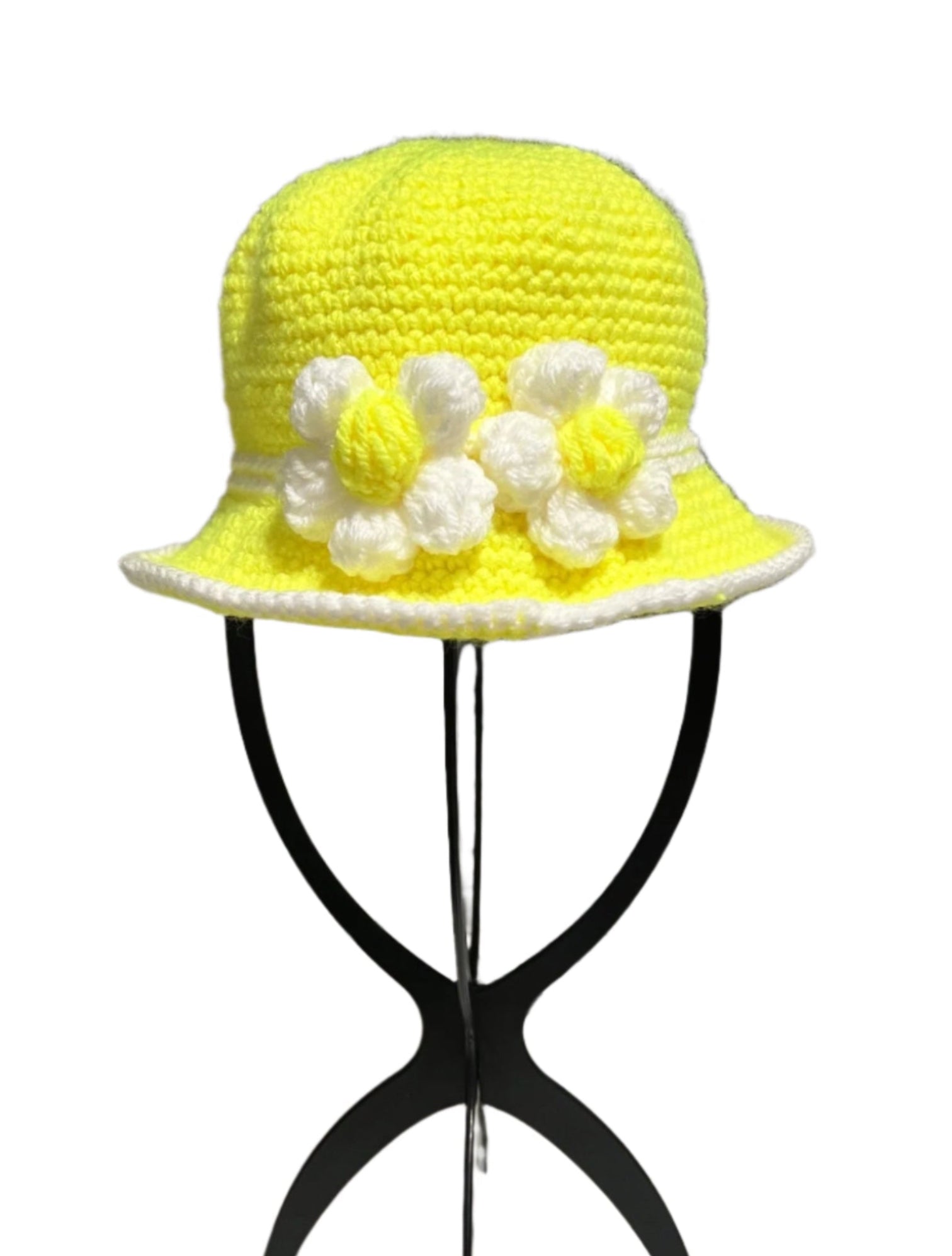 Yellow flower baby bucket hat by ThreadsByHannah with white and yellow crocheted flowers