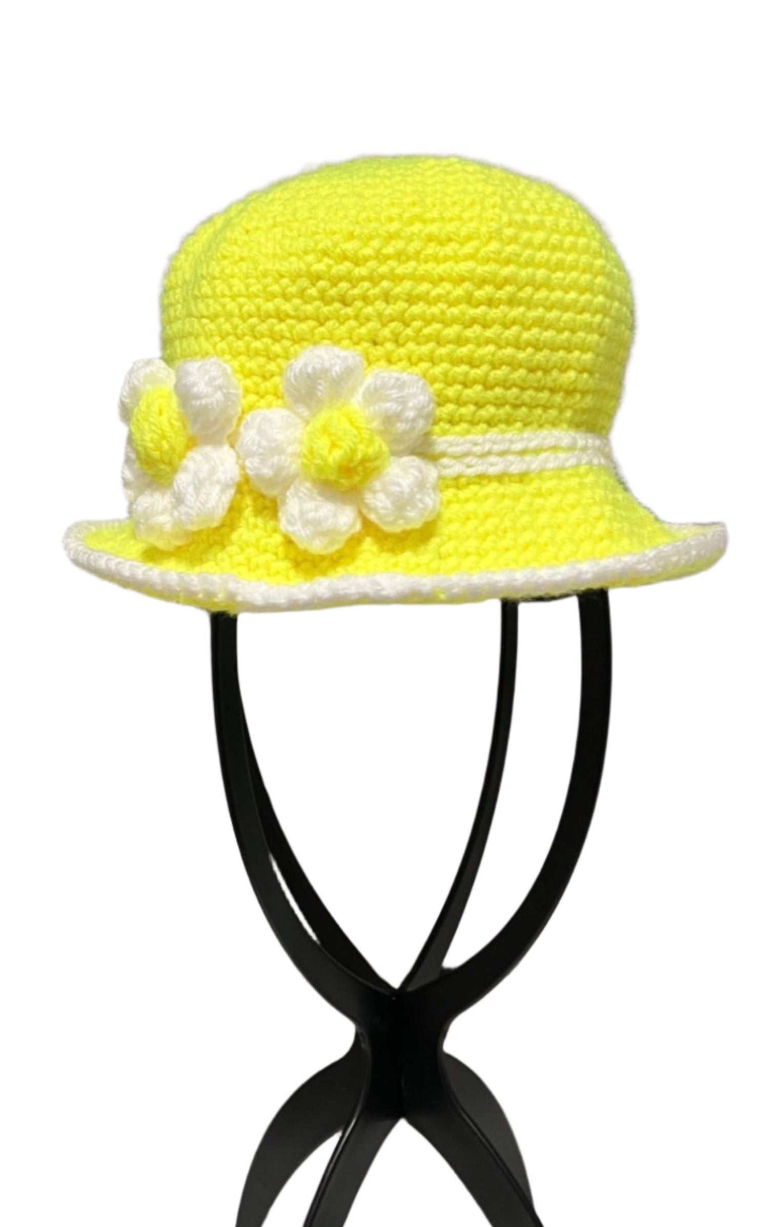 Yellow flower baby bucket hat crocheted with white and yellow floral accents for infants
